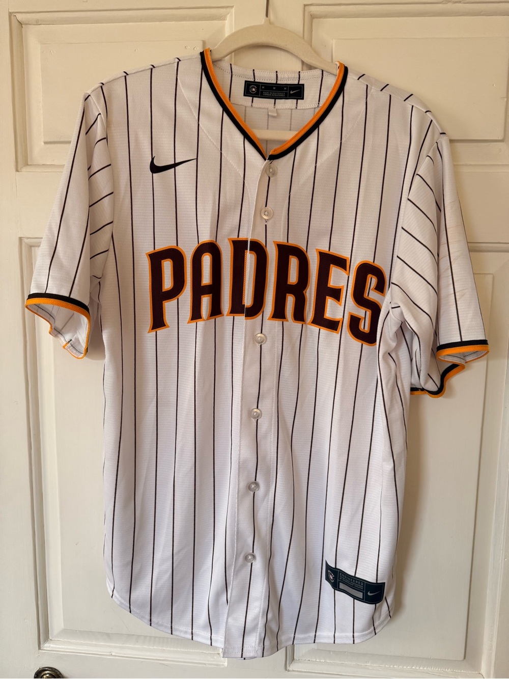 Nike Padres White Pinstripe Jersey with Yellow Trim